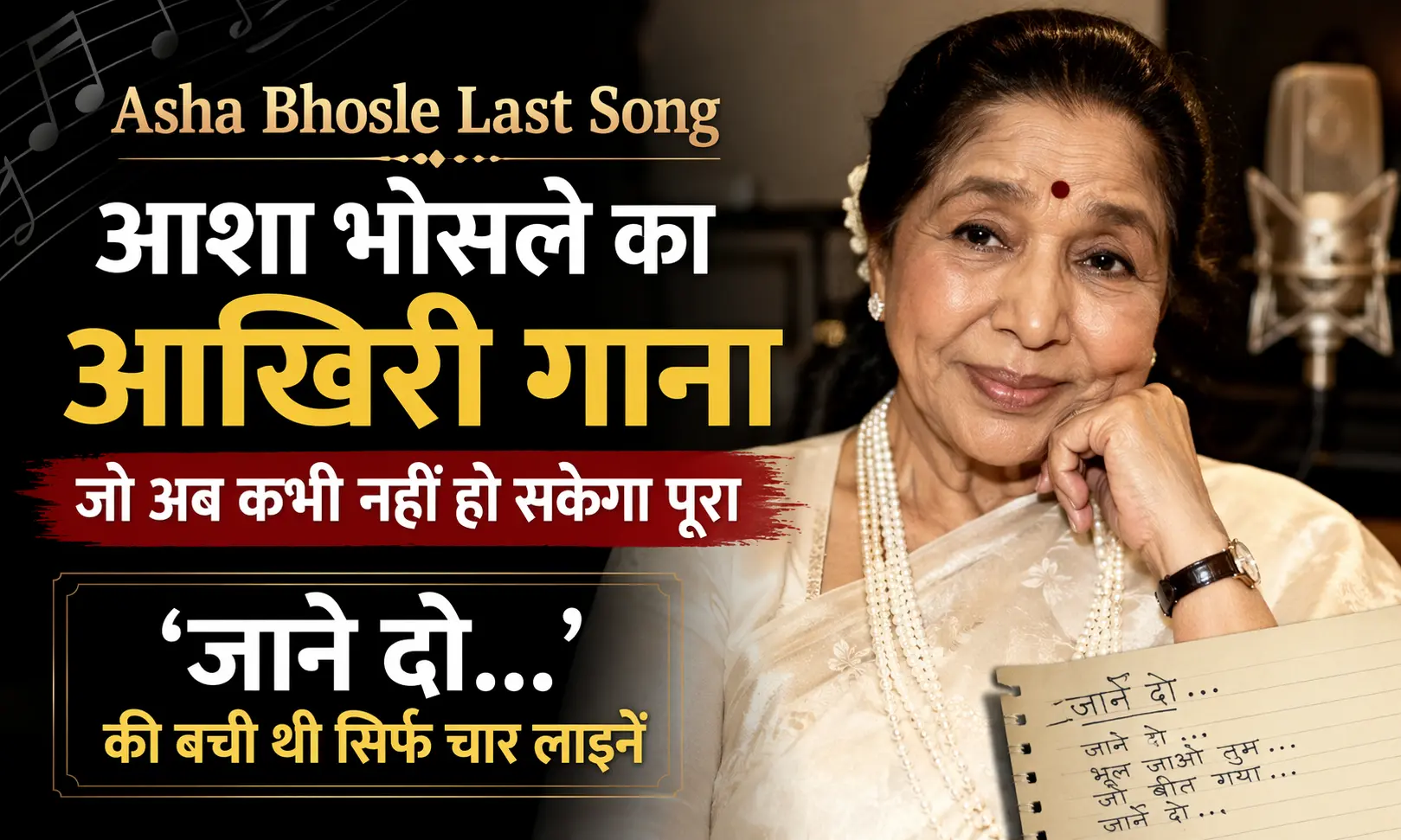 आशा भोसले रिकॉर्डिंग स्टूडियो में अपने अधूरे गाने 'जाने दो...' की लिरिक्स शीट के साथ।