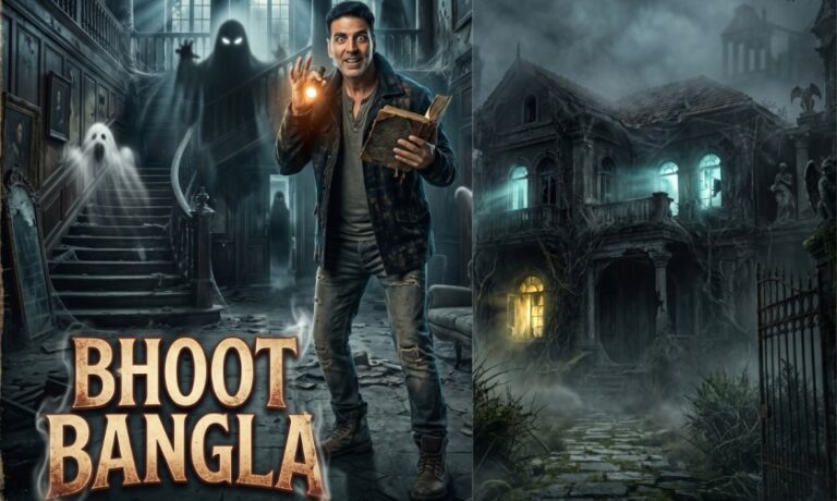Akshay Kumar in a haunted bungalow scene from Bhooth Bangla showing horror comedy theme