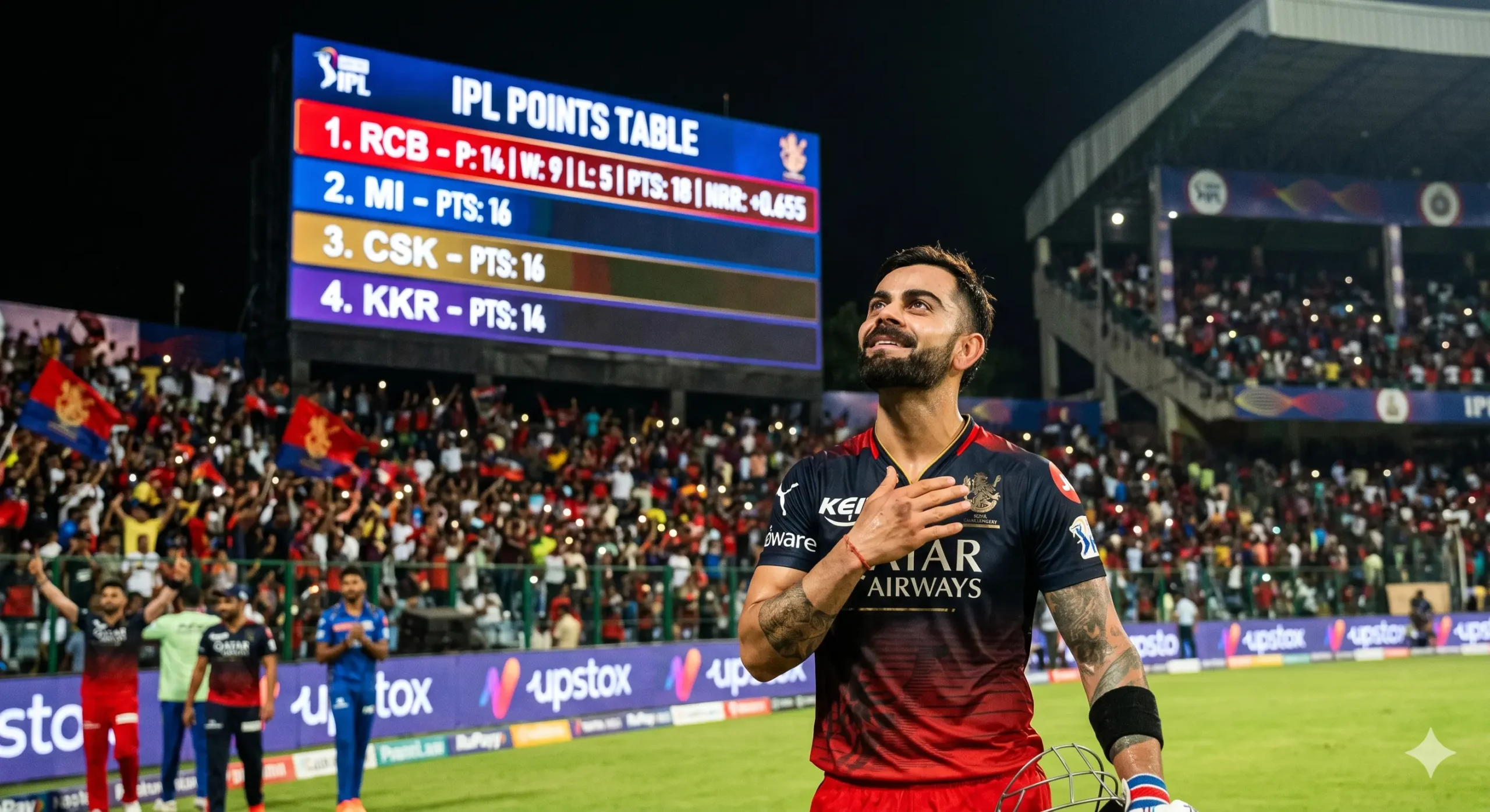 Virat Kohli batting for Royal Challengers Bengaluru in IPL 2026 match leading team to top position