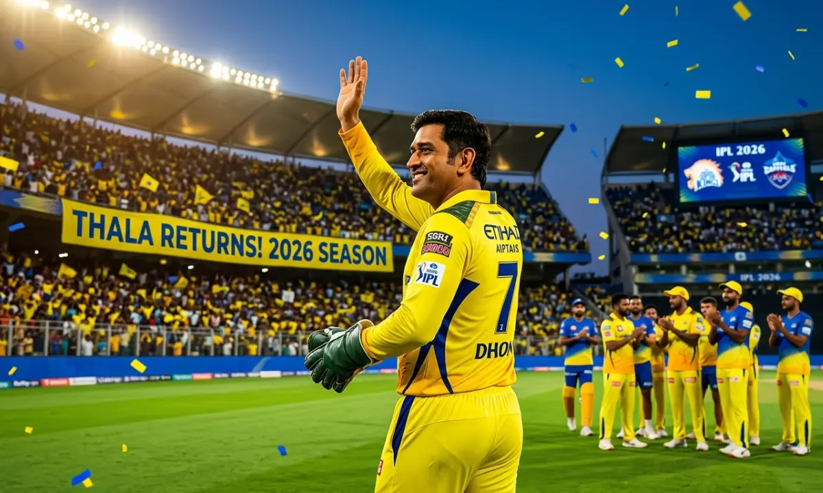 MS Dhoni returning to the field in CSK yellow jersey during IPL 2026 with a 'Thala Returns' banner in a crowded stadium.