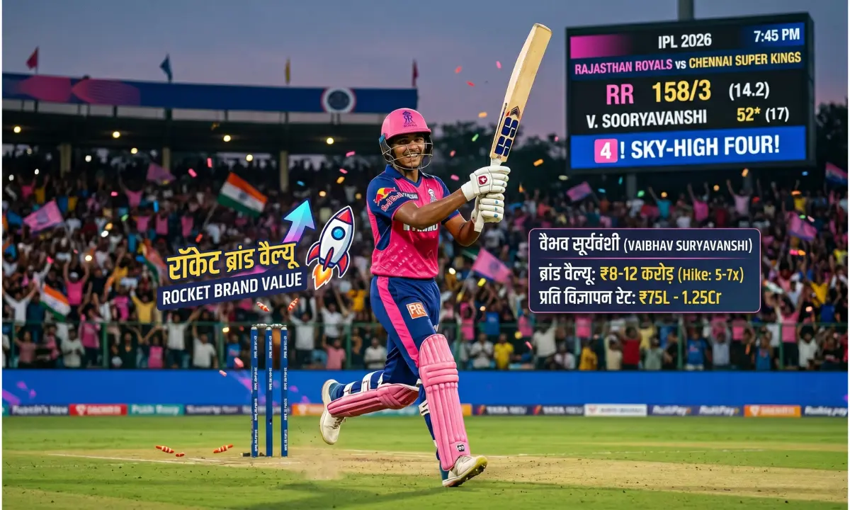 IPL 2026 में राजस्थान रॉयल्स की जर्सी में युवा क्रिकेटर वैभव सूर्यवंशी का मैदान पर उत्साह मनाते हुए एक ग्राफिक पोस्टर, जिसमें उनकी रॉकेट की तरह बढ़ती ब्रांड वैल्यू और विज्ञापन रेट्स को दर्शाया गया है।"